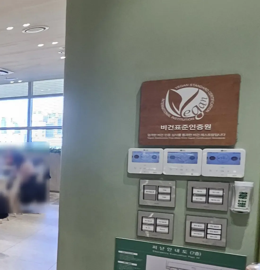 A wooden plaque on a green wall reading Vegan Standard Certification, International Institution, 비건표준인증원