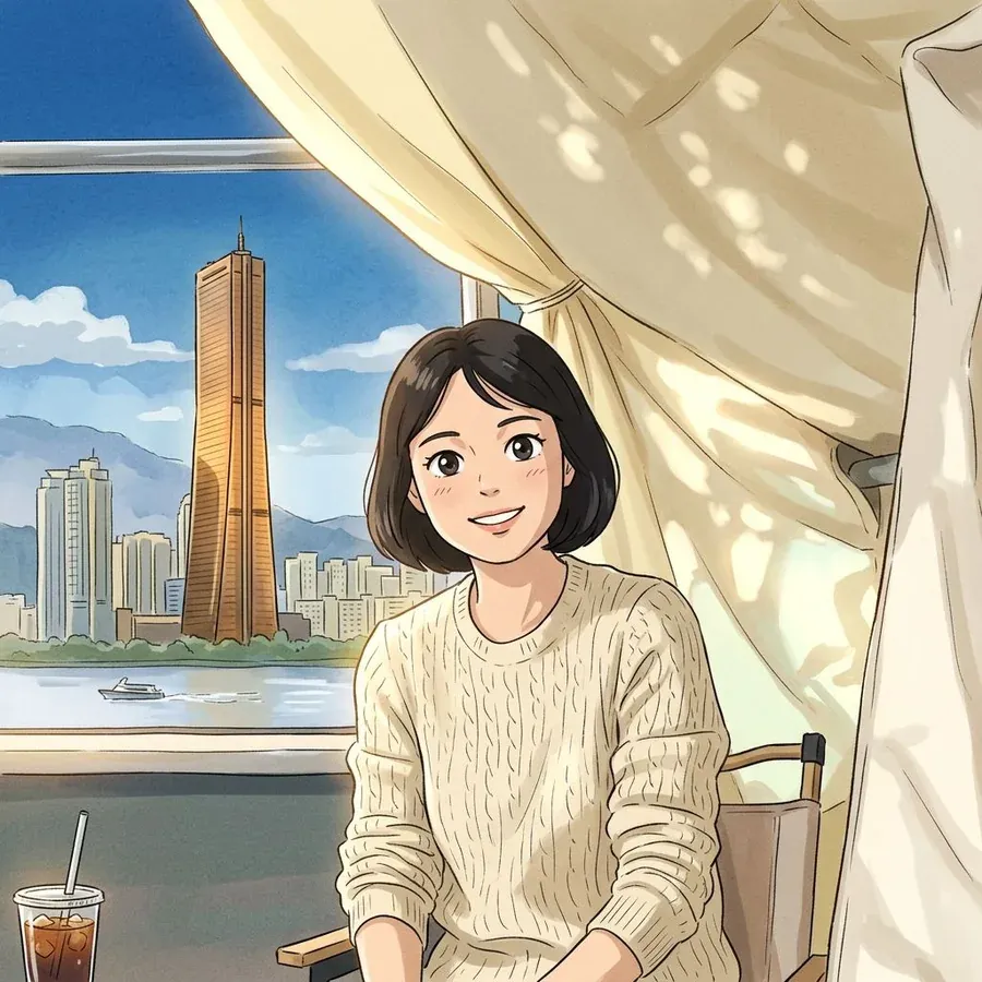 Illustrated portrait of Elli, a Korean teacher at Balli Balli Seoul, seated by a window overlooking the Han River
